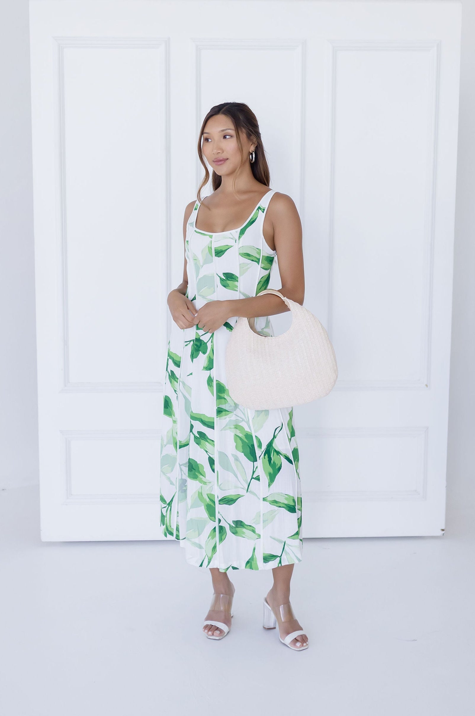 Elsie Sleeveless Contrast Binding Printed Midi Dress White